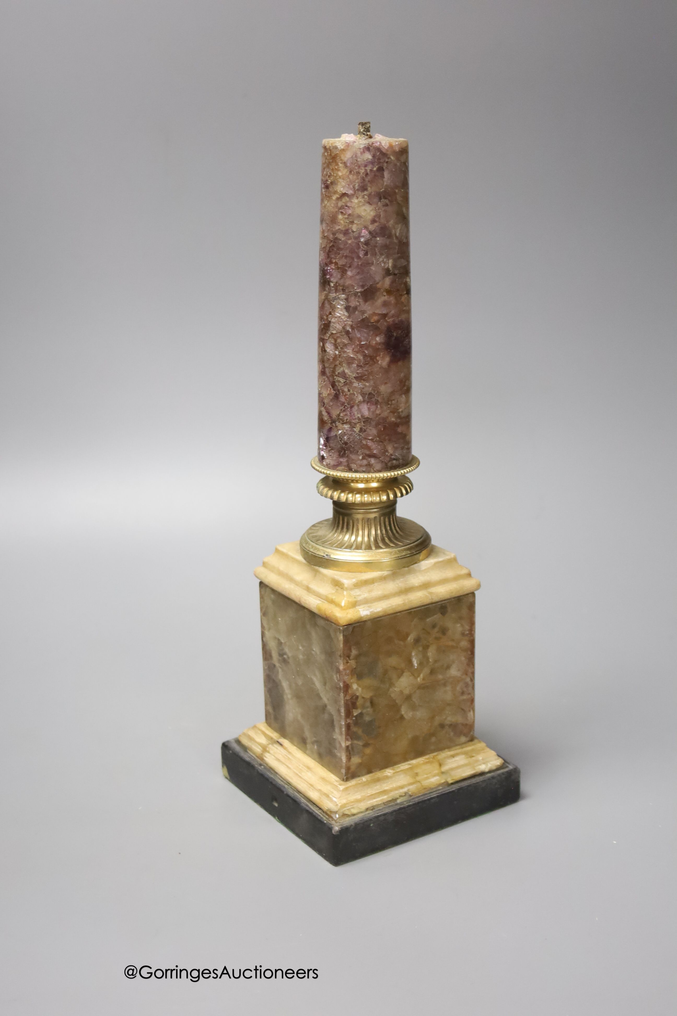 An ormolu mounted Blue John table lamp, with corinthian capital, height 37cm (a.f.)